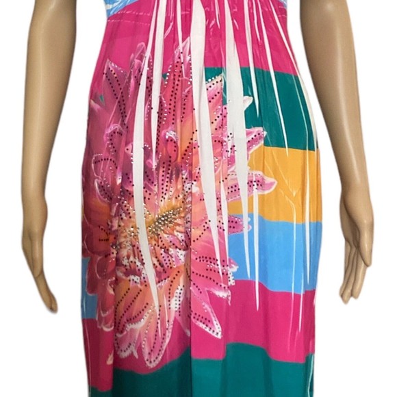 Love J Womens Large Halter Dress Sundress Pink Green Yellow Floral Bling Stretch - Picture 3 of 7